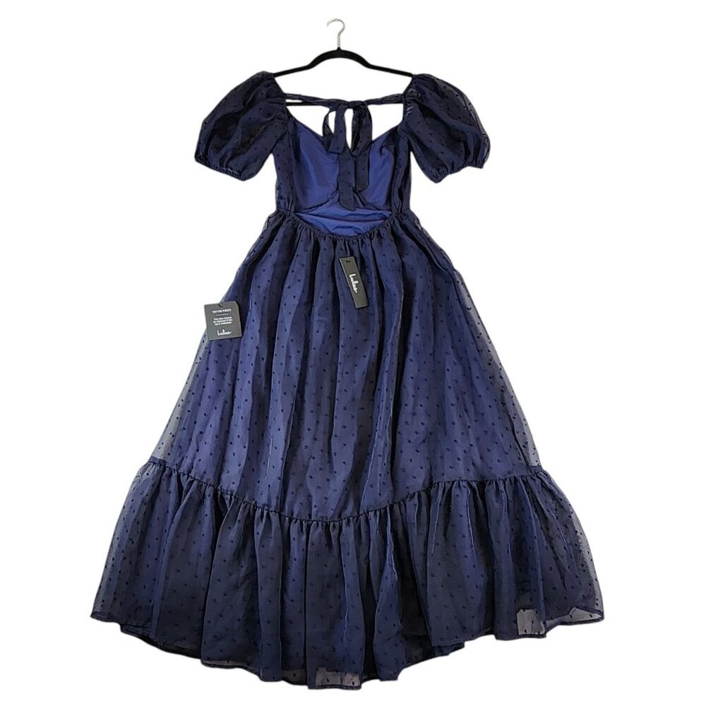 Lulu's‎ NEW Navy Swiss Dot Puff Sleeve Tie Open Back Midi Dress Wedding Dress XS